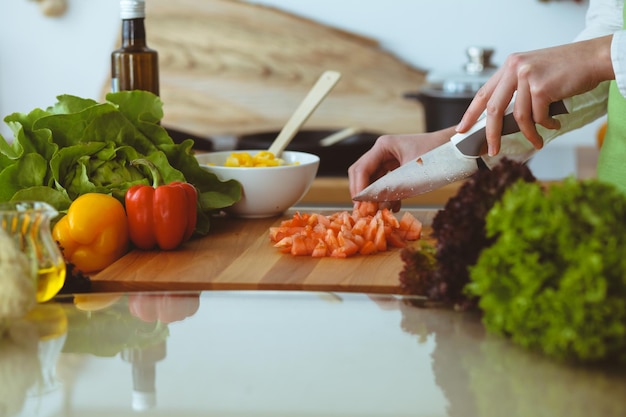 Unknown human hands cooking in kitchen. Woman slicing red tomatoes. Healthy meal, and vegetarian food concept.