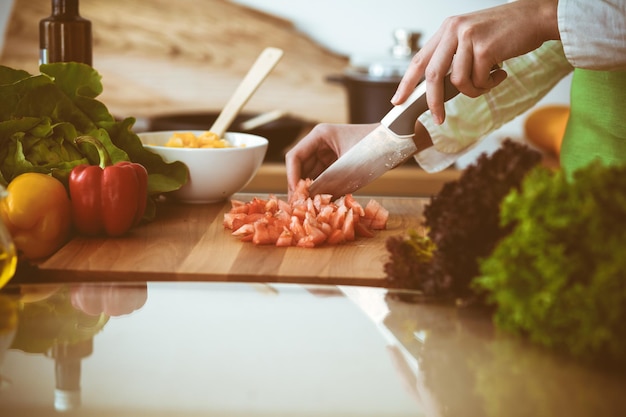 Unknown human hands cooking in kitchen. Woman slicing red tomatoes. Healthy meal, and vegetarian food concept.