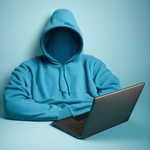 Unknown invisible man in blue sweater sits in front of laptop invisible man hacker anonymous