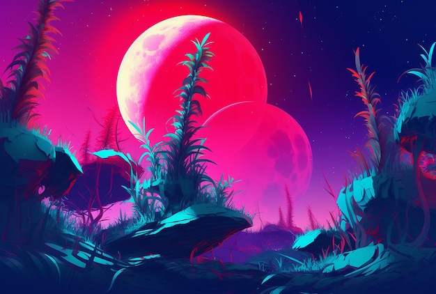 Unknown planet plants and trees with two moons in the sky AI Generated Image