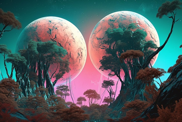 Unknown planet plants and trees with two moons in the sky AI Generated Image