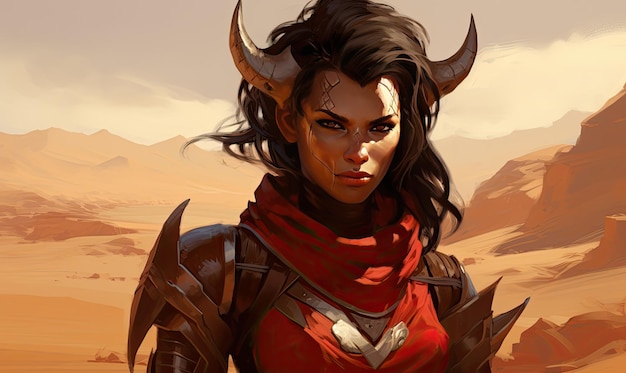 Unleash the allure of darkness with a captivating image of a demon woman with horns standing defiantly amidst the vast desert landscape