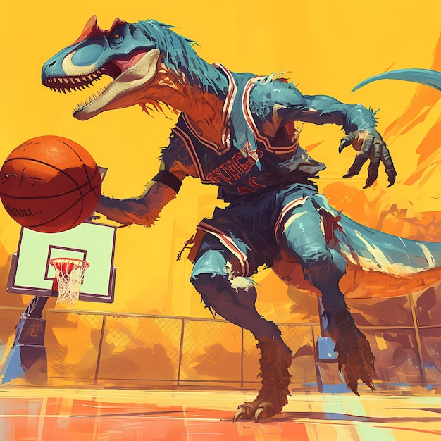 Photo unleash the beast on the court vivid dinosaur basketball illustration