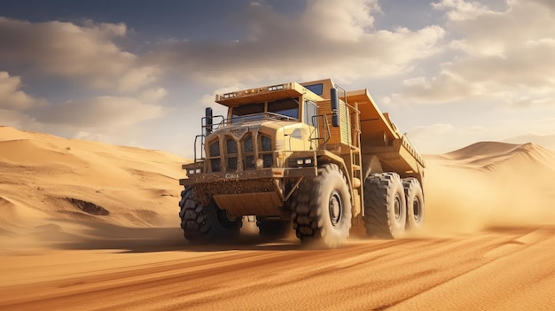 Unleash the Power Witness the indomitable force of quarry machinery as colossal truck tires leave their mark on the open sand pit