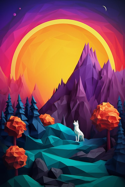 Unleash the Wild 3D Wolf Origami Wallpaper with Full Moon