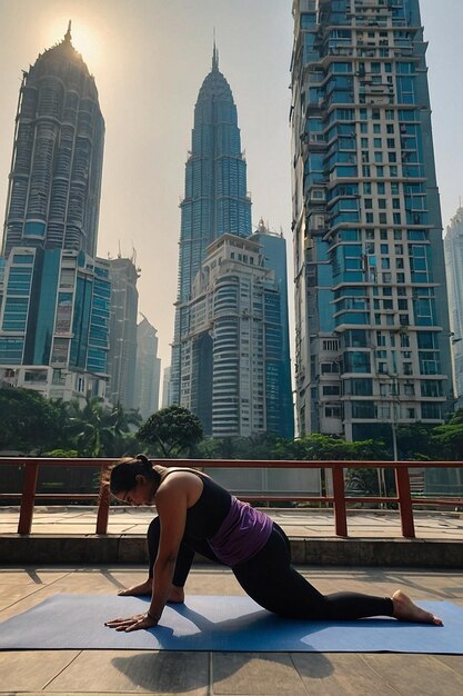 Foto liberate la vostra forza interiore e l'equilibrio mentre incanalate l'energia della giornata dello yoga in un paesaggio urbano dinamico circondato da grattacieli e strade affollate