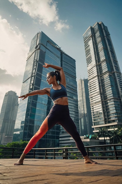 Foto liberate la vostra forza interiore e l'equilibrio mentre incanalate l'energia della giornata dello yoga in un paesaggio urbano dinamico circondato da grattacieli e strade affollate