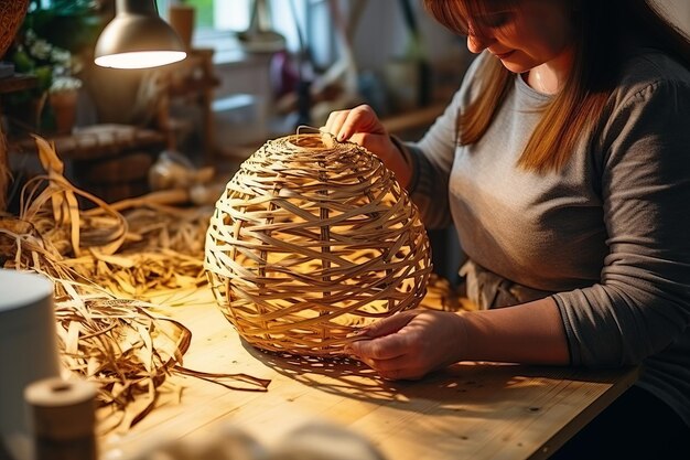 Photo unleashing artistic flair female empowerment through indoor handwork crafting stunning wicker lamp