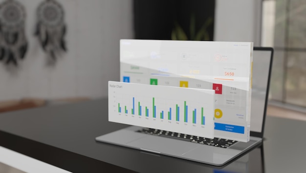 Unleashing Data Insights Computer with Dynamic Screen Display Illustrating 3D Rendered Animation of