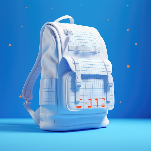 Unleashing knowledge in style the dynamic 3d white school bag with a vibrant blue enigma