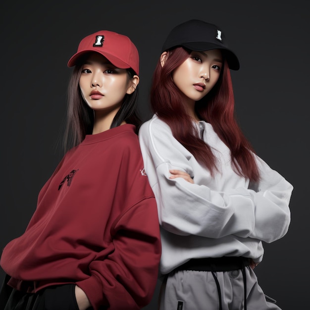 케이팝의 스트리트 스타일을 풀어주고 야구 모자를 입은 두 젊은 여성의 자신감을 사로잡습니다.
