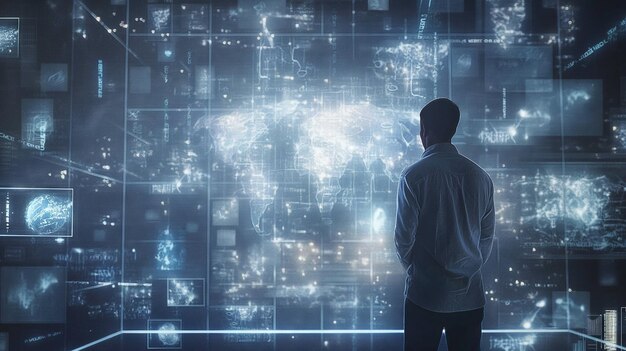 Unleashing Possibilities Chat Bot AI Smart Tech Man houdt zich bezig met virtuele grafische wereldwijde internetverbinding