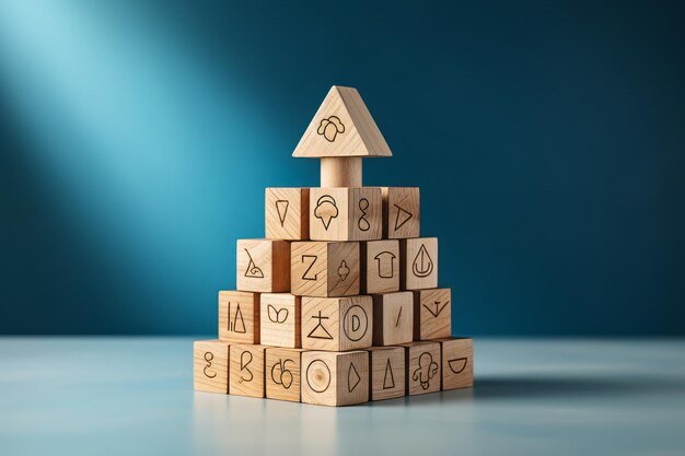 Unleashing the Power of Knowledge Sharing Symbolic Wooden Blocks on a Blue Background