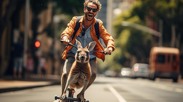サイクリング・デュオの男とカンガルーが 自転車で冒険を始める