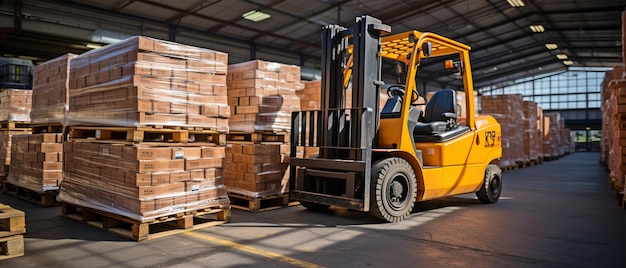 Photo unloading a wooden crate at a warehouse with a forklift tractor