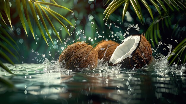 Foto sbloccare l'essenza rotto latte di cocco spruzzare foglie di palma dipingere un quadro del paradiso