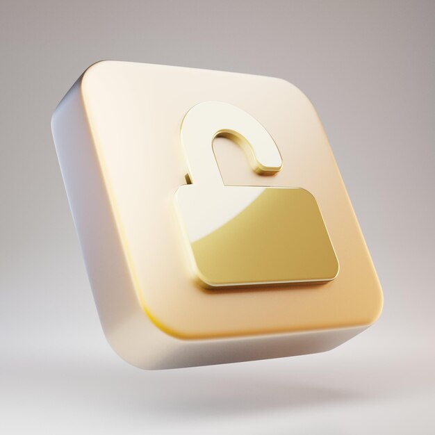 Unlock icon. Golden Unlock symbol on matte gold plate. 3D rendered Social Media Icon.