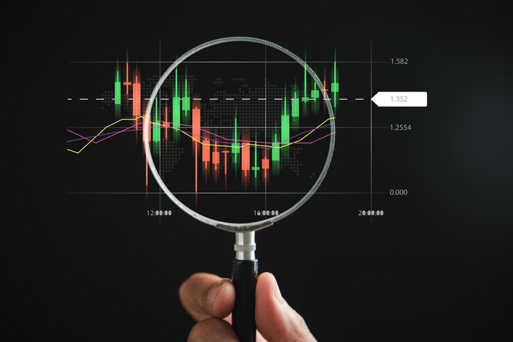 Photo unlocking the secrets of the stock market a trader inspects the bar graph's increasing arrow with a magnifying glass