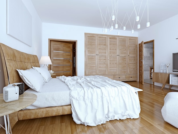 Unmade bed in minimalist bedroom.