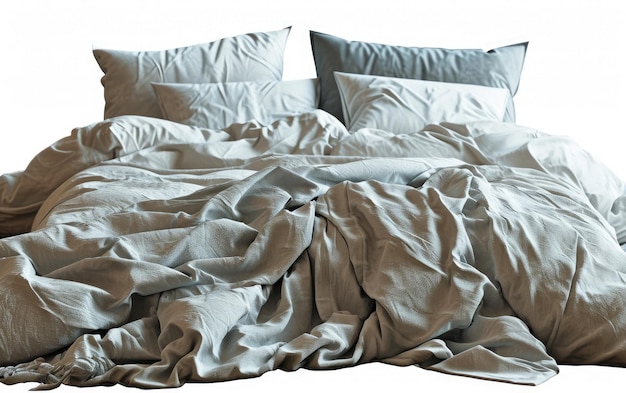 Неубранная кровать с белыми простынями и подушками