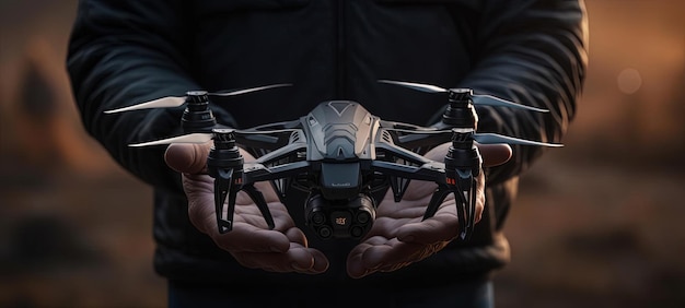 Photo an unmanned aerial vehicle is being held in a mans hands in the style of dark black and