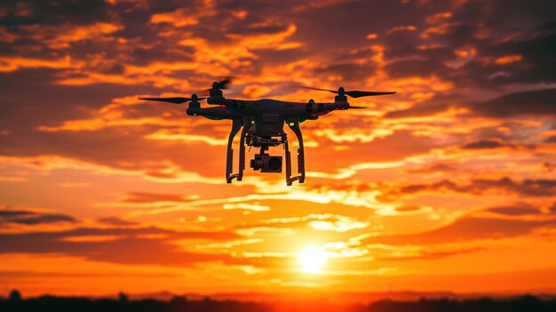 Unmanned Aerial Vehicle UAV Drone Silhouetted Against Sunset Sky