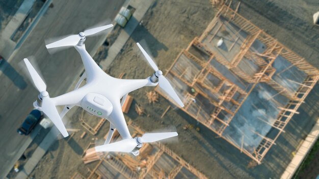 Unmanned Aircraft System UAV Quadcopter Drone In The Air Over Construction Site