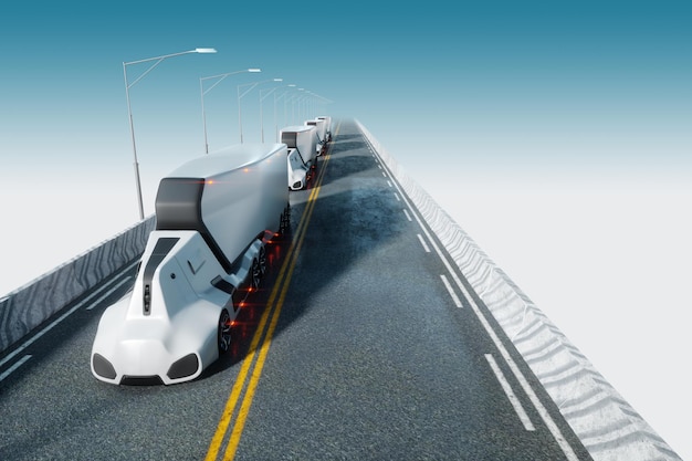 Unmanned autonomous cargo transportation An autonomous electric selfdriving truck moves along the road Fast cargo delivery transportation without drivers 3D render 3D illustration