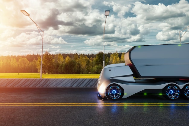 Unmanned autonomous cargo transportation An autonomous electric selfdriving truck with a trailer moves along the road Fast cargo delivery transportation without drivers