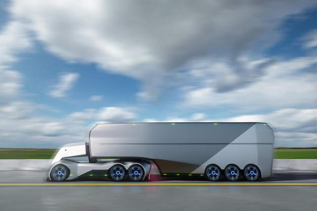 Unmanned autonomous cargo transportation An autonomous electric selfdriving truck with a trailer moves along the road Fast cargo delivery transportation without drivers