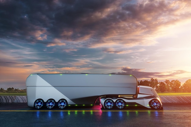 Unmanned autonomous cargo transportation An autonomous electric selfdriving truck with a trailer moves along the road Fast cargo delivery transportation without drivers