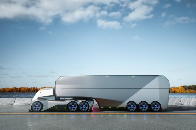 Unmanned autonomous cargo transportation An autonomous electric selfdriving truck with a trailer moves along the road Fast cargo delivery transportation without drivers