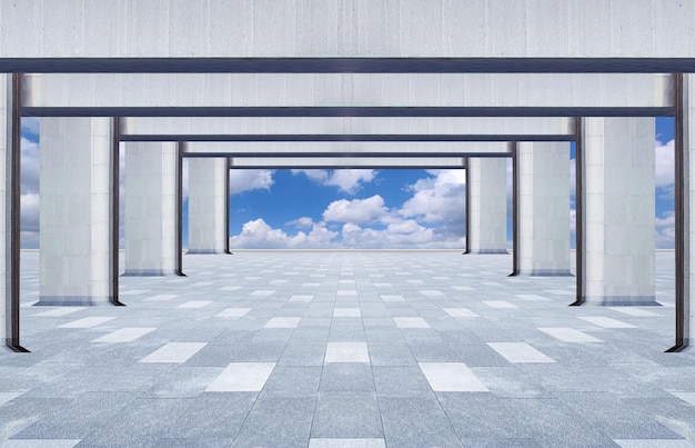 Unmanned brick square and marble frame building under the blue sky