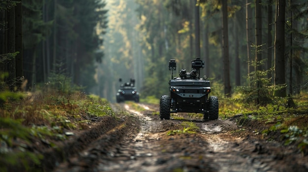 Photo unmanned ground vehicles ugvs scouting enemy lines forest edge