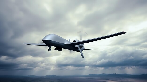 Беспилотный военный летательный аппарат летит в небе, сгенерированном искусственным интеллектом