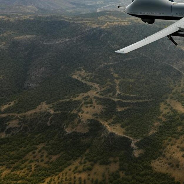Photo unmanned military drone on patrol air territory at high altitud