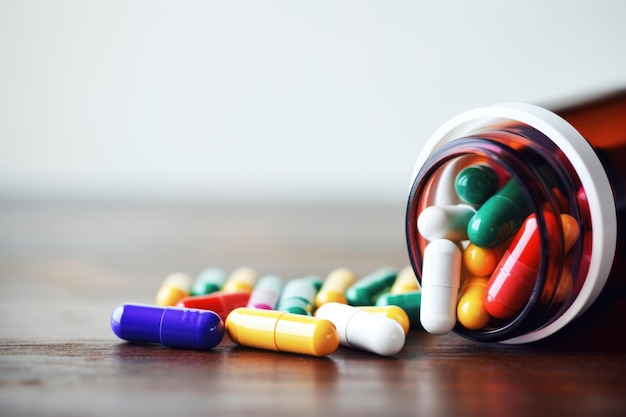 Unmarked prescription bottle filled with multicolored capsules