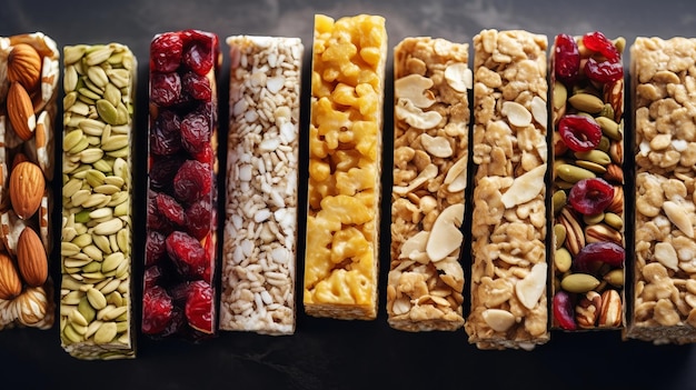 Unmistakable granola bars on table establishment Cereal granola bars Superfood breakfast bars with oats nuts and berries close Creative resource AI Generated