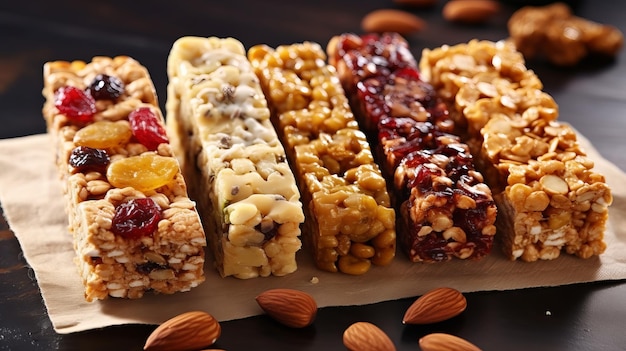 Unmistakable granola bars on table foundation Cereal granola bars Superfood breakfast bars with oats nuts and berries near Creative resource AI Generated