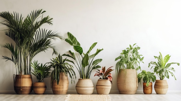 Unmistakable tropical plants in wicker pots close white divider at family Creative resource AI Generated