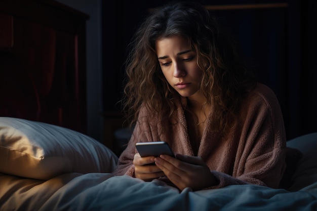 Немотивированная молодая женщина в постели, глядящая на экран смартфона, страдает от нарушений сна.