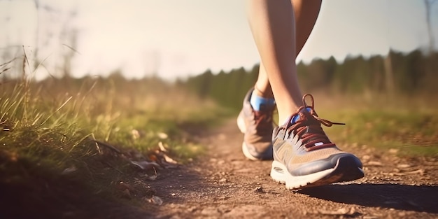 unner feet in the nature with sunlight feet and sneackers focus sport theme Generative AI