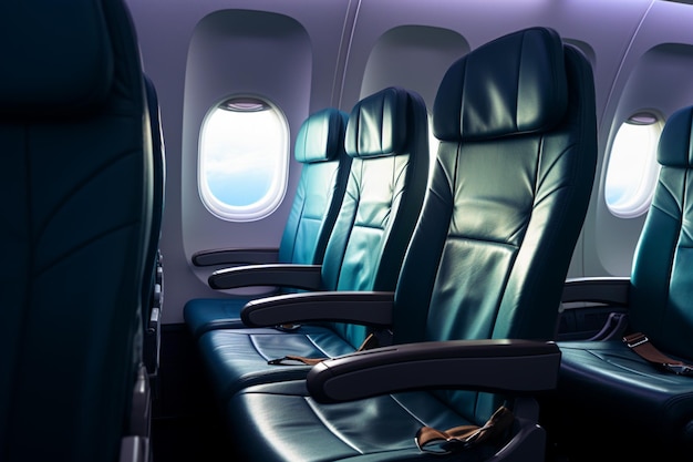 Unoccupied airline seats create a tranquil atmosphere on the empty plane