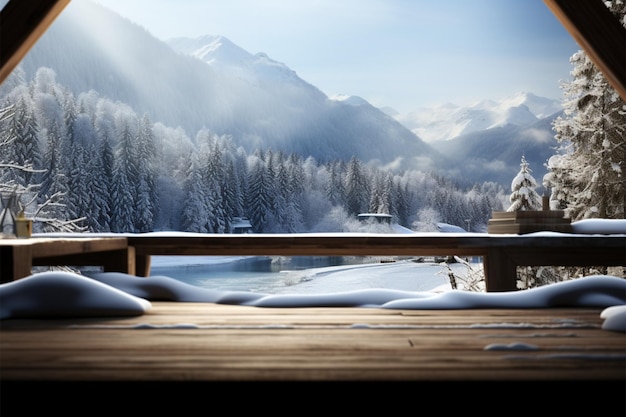 Unoccupied desk area boasts a picturesque winter scene backdrop