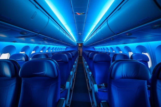 Unoccupied Empty aircraft blue interior light Generate Ai