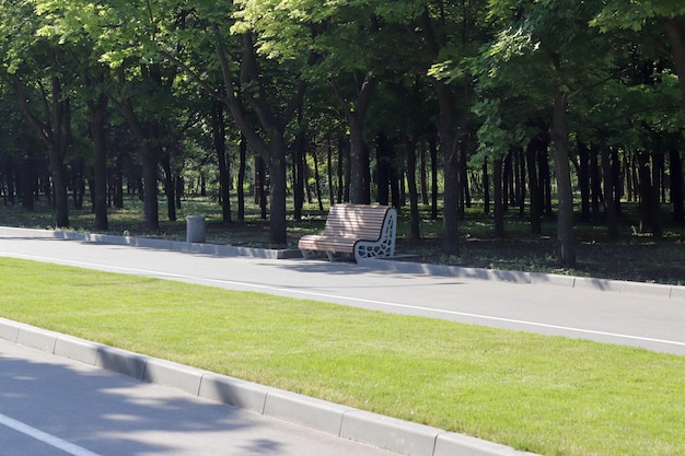 Незанятая свободная скамейка на переулке городского парка