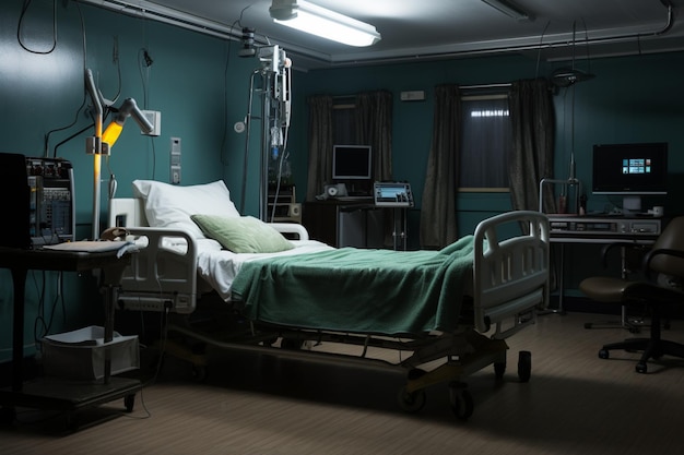 An unoccupied hospital room contains a lone bed devoid of human presence