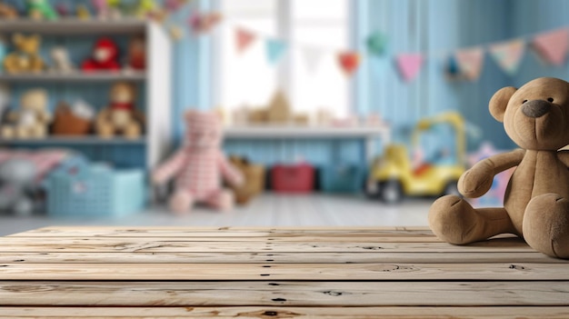 Photo unoccupied wooden table against a blurred backdrop of a kids playroom filled with toys displaying products