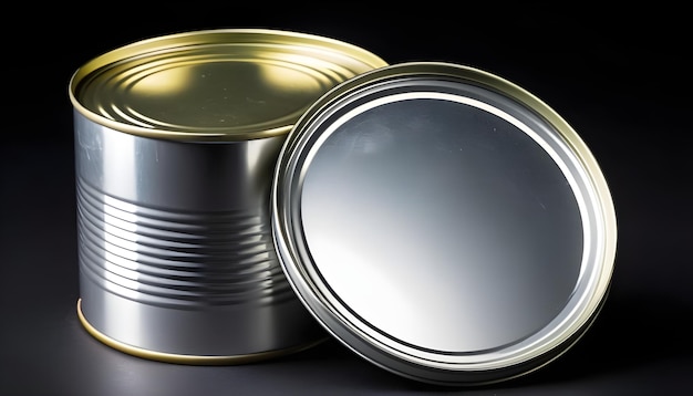 Photo unopened tin can with blank edge on black background