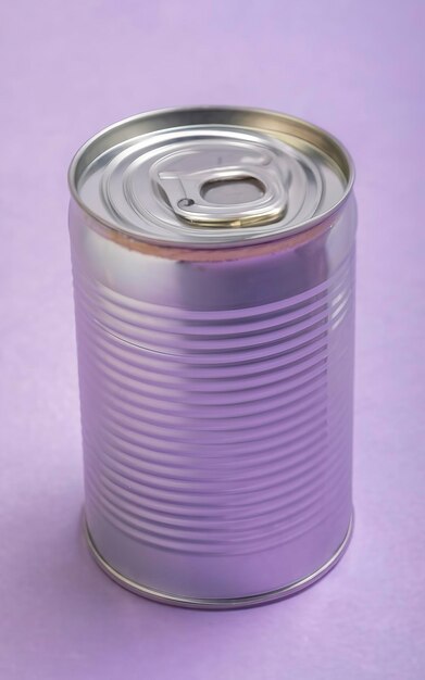 Photo unopened tin can with blank edge on violet background canned food